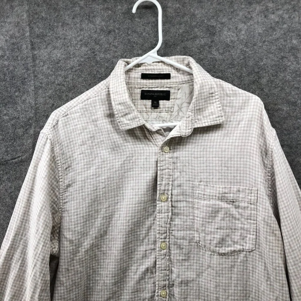 Banana Republic Untucked Slim Fit Double Cloth Shirt Mens XL Beige White Gingham
